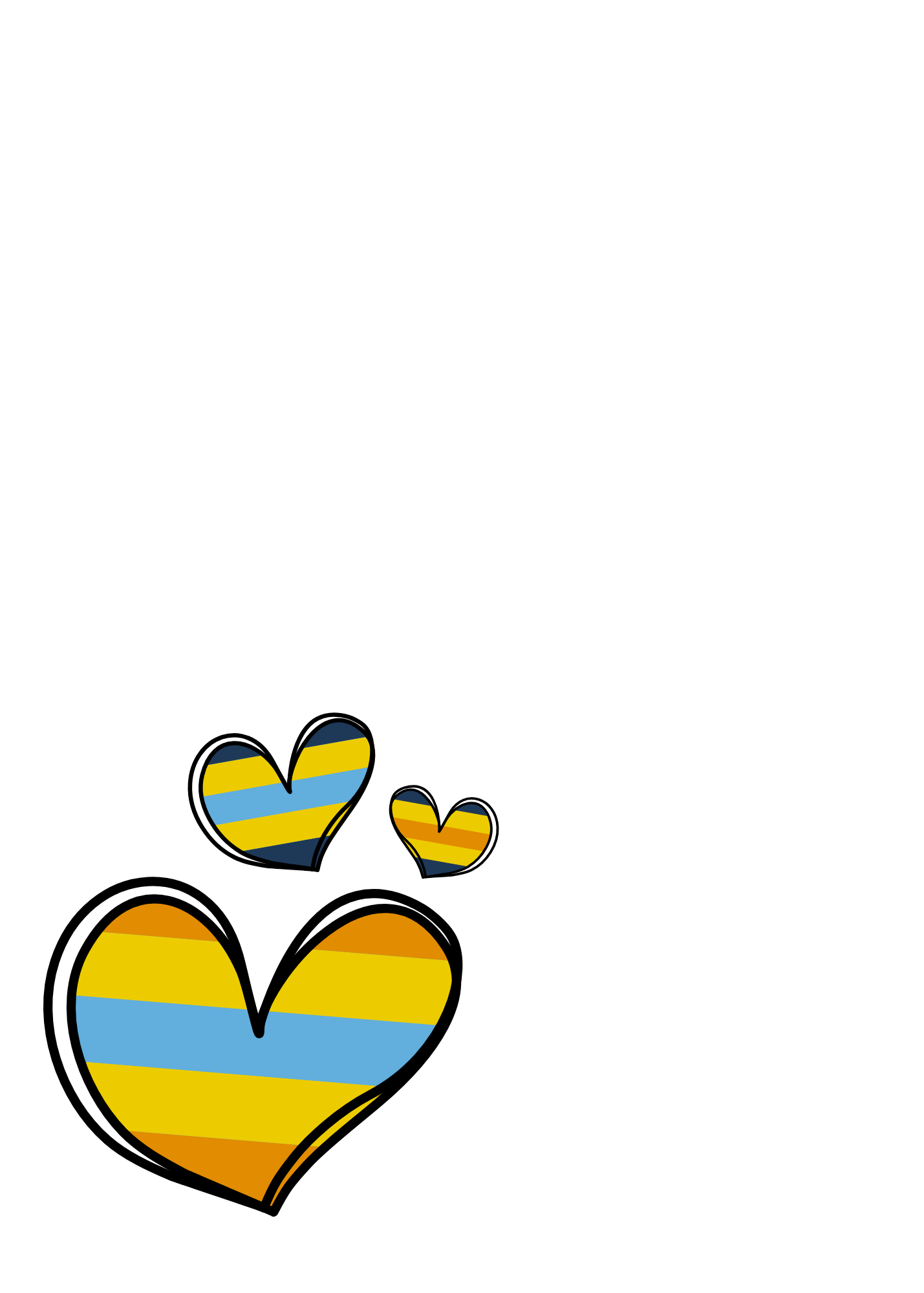 Three striped hearts in yellow, blue, and black on a white background