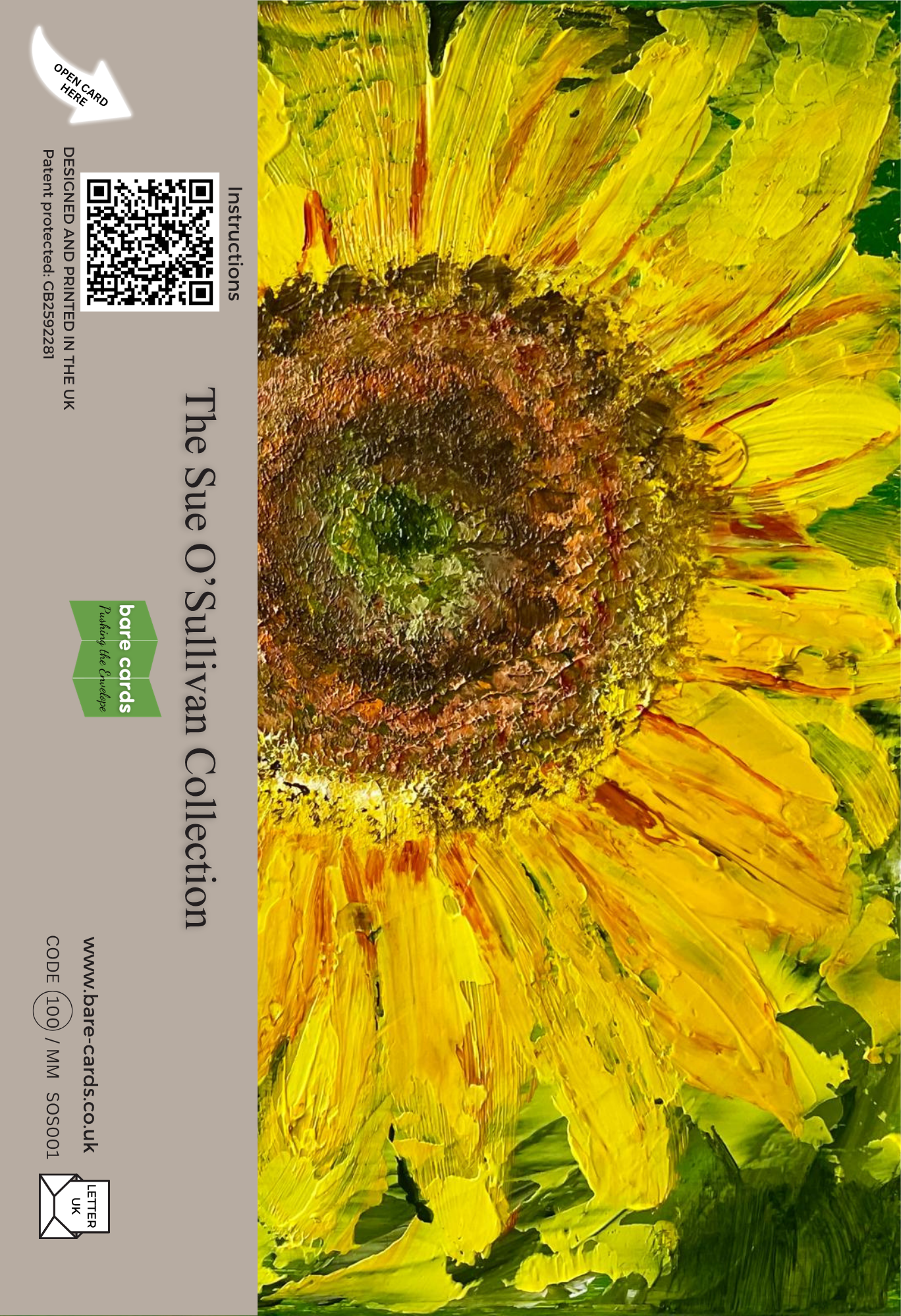 An image featuring the back envelope panel of the self-sealing greetings card showing an abstract textured painting of a sunflower, with a beige side panel containing text, a QR code, and a green Bare Cards logo. The text reads 'The Sue O'Sullivan Collection'.