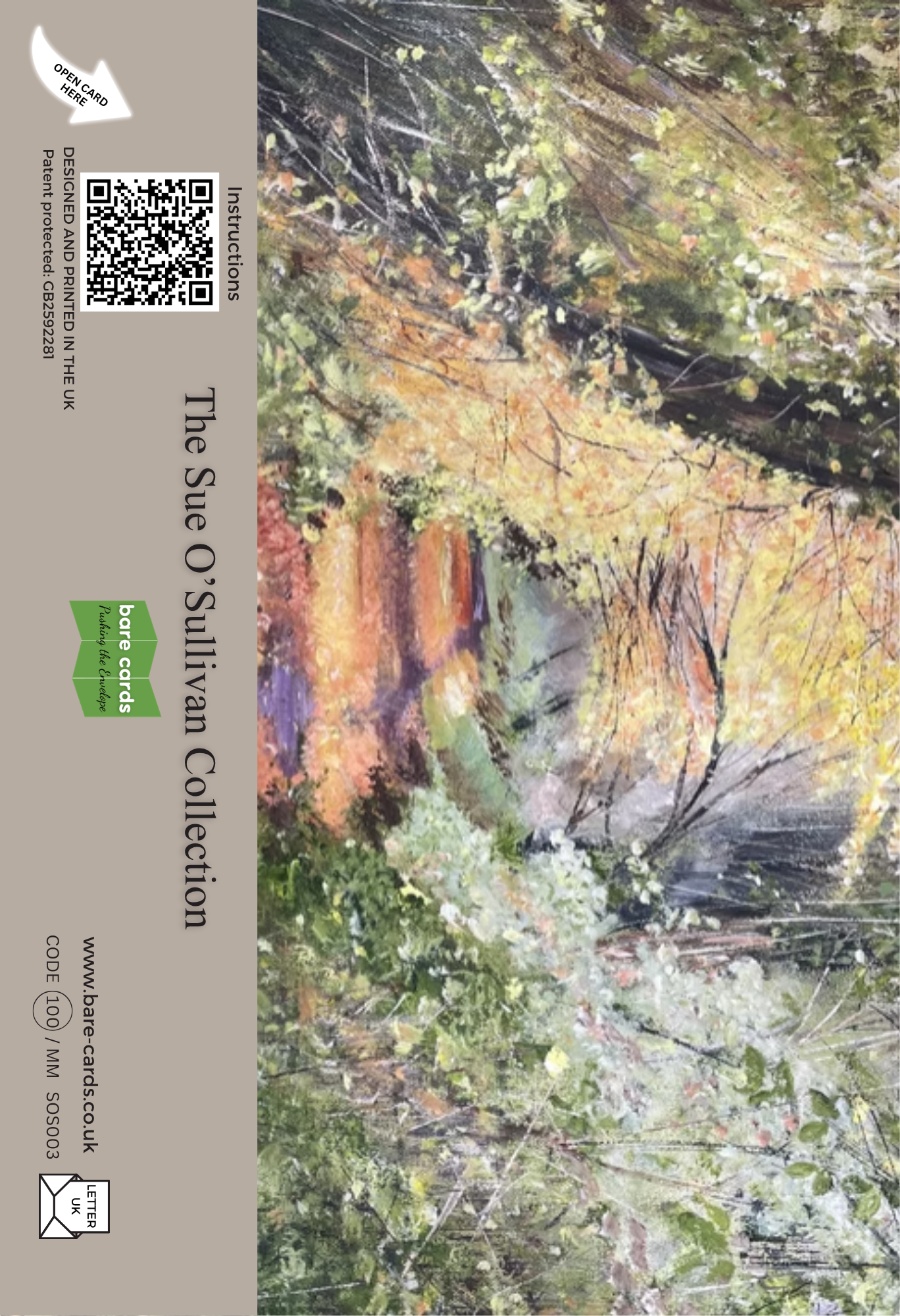The back of the posting cover for  the self-sealing greetings card Autumn Leaves from 'The Sue O'Sullivan Collection' featuring a landscape painting of an autumn forest with yellow, green, and orange foliage on the right, and a beige sidebar on the left containing text, a QR code, and a green 'Bare Cards' logo.
