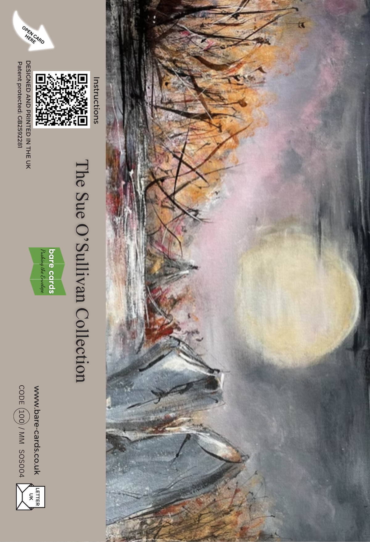 The back panel of a self-sealing greetings card featuring a moonlit landscape painting with a large pale moon, dark silhouetted trees, and pink-gray sky, displayed standing on a wooden surface. The left side has a gray printed border with text reading 'The Sue O'Sullivan Collection' and a green Bare Cards logo.
