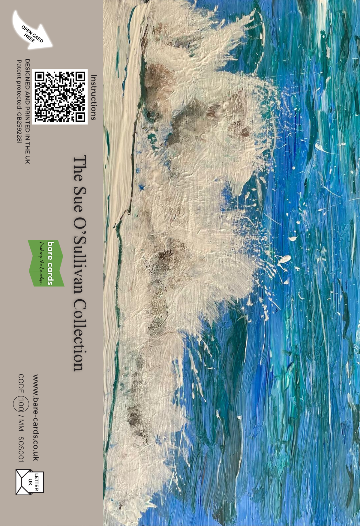 An image featuring the back envelope panel of the self-sealing greetings card showing an abstract textured painting of a wave in shades of blue, white, and gray, with a beige side panel containing text, a QR code, and a green Bare Cards logo. The text reads 'The Sue O'Sullivan Collection'.