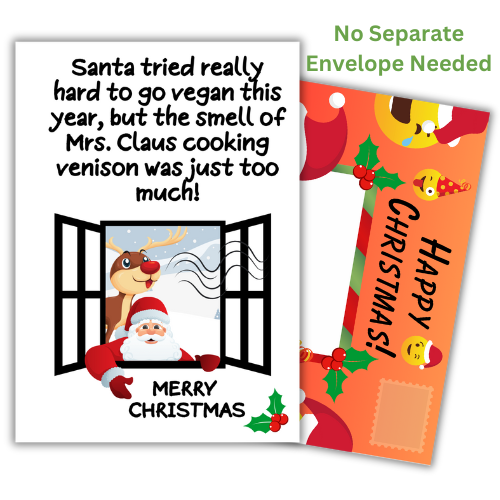 Christmas card featuring a humorous vegan-themed joke with Santa Claus, designed for use with an envelope, decorated with Christmas emojis.