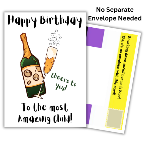 Adult non-binary birthday card for your child featuring champagne artwork, Non-Binary Pride Flag posting covers and Bare Cards' patented self-sealing envelope-free design.