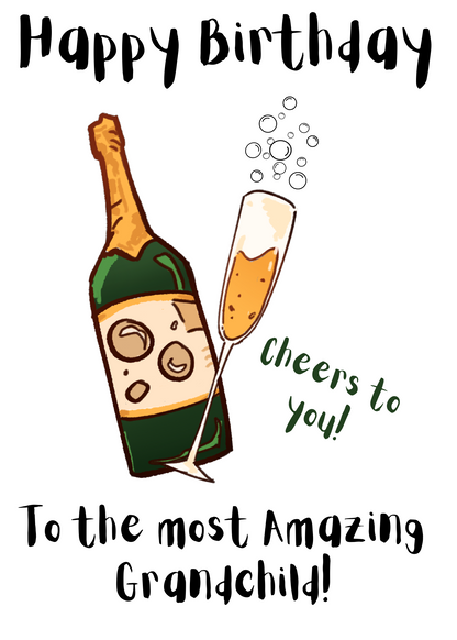 Adult non-binary birthday card for a grandchild featuring champagne artwork, Non-Binary Pride Flag posting covers and Bare Cards' patented self-sealing envelope-free design.