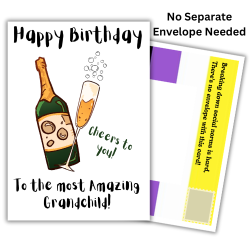 Adult non-binary birthday card for a grandchild featuring champagne artwork, Non-Binary Pride Flag posting covers and Bare Cards' patented self-sealing envelope-free design.