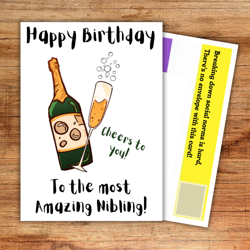 Adult non-binary birthday card for a nibling featuring champagne artwork, Non-Binary Pride Flag posting covers and Bare Cards' patented self-sealing envelope-free design.