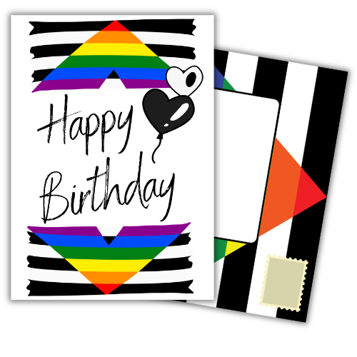 Bare Cards Ally Birthday Card with built-in Pride Flag Posting Page shown behind. 'Happy Birthday' text with Ally Pride Flag coloured banners and balloons.