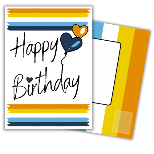 Bare Cards Aroace Birthday Card with built-in Pride Flag Posting Page shown behind. 'Happy Birthday' text with Aroace Pride Flag coloured banners and balloons.