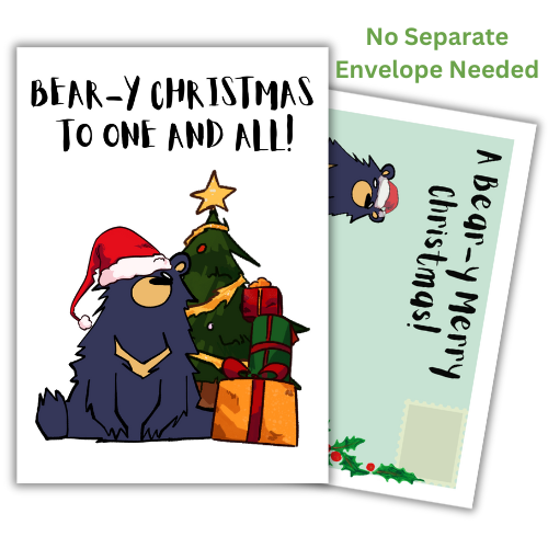 A self-selaing colorful Christmas card featuring a cartoon bear with a Christmas tree and gifts in the background, with a Christmas-themed pun text and built-in envelope panels.