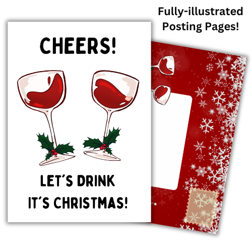 A self-seal Christmas card featuring two glasses of wine and the text 'Cheers! It's Christmas!' along with a Christmas tree and snowflake decorations. It is accompanied by fully-illustrated posting pages.