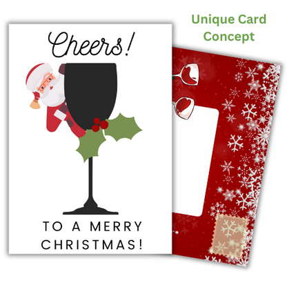 A Self-sealing Christmas greetings card showing Santa Claus holding a glass, with the text 'Cheers! To a Merry Christmas!' and Christmas-themed built-in envelope panels in the background.