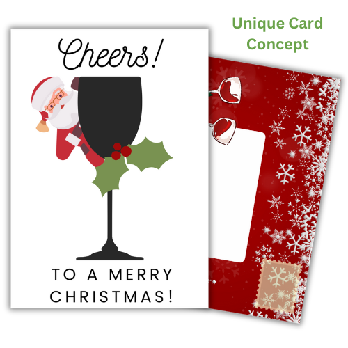 A Self-sealing Christmas greetings card showing Santa Claus holding a glass, with the text 'Cheers! To a Merry Christmas!' and Christmas-themed built-in envelope panels in the background.
