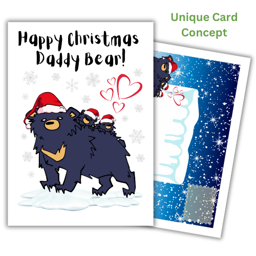 A self-seal colorful Christmas card featuring a stylized bear in a Santa hat on a blue snowy background with the text 'Happy Christmas Daddy Bear!' and a heart illustration. Fully-illustrated Christmas themed envelope panels are built into the card design.