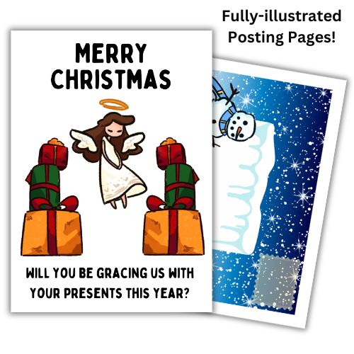 A self-sealing colorful Christmas greetings card with an illustration of an angel and a snowman, and text that reads 'Merry Christmas' and 'Fully illustrated posting pages'.