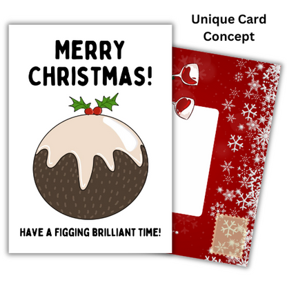 Self-seal Christmas card with a humorous message 'Merry Christmas! Have a figging brilliant time!' accompanied by an illustration of a Christmas tree and snowflakes. The card has built-in illustrated envelope panels.
