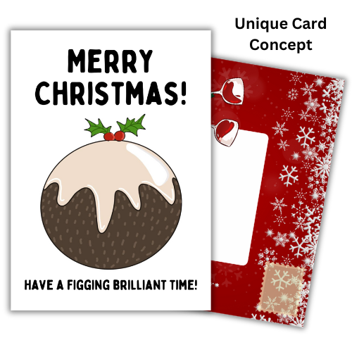 Self-seal Christmas card with a humorous message 'Merry Christmas! Have a figging brilliant time!' accompanied by an illustration of a Christmas tree and snowflakes. The card has built-in illustrated envelope panels.