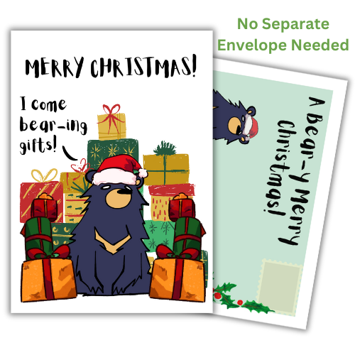 A self-selaing colorful Christmas card featuring a cartoon bear with the pun 'Merry Christmas! I come Bear-ing gifts!' The card is designed to be posted without an envelope, with a self-adhesive strip on the back.
