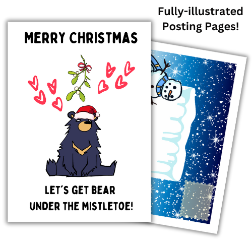 A self-selaing colorful Christmas card featuring an illustrated bear with a Santa hat and the text 'Merry Christmas' along with festive imagery such as mistletoe and a snowy scene, with built-in envelope panels.