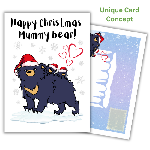 A self-sealing Christmas greeting card featuring a cartoon bear wearing a Santa hat, with the text 'Happy Christmas Mummy Bear!' and fully-illustrated built-in envelope panels.
