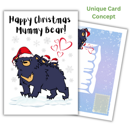 A self-sealing Christmas greeting card featuring a cartoon bear wearing a Santa hat, with the text 'Happy Christmas Mummy Bear!' and fully-illustrated built-in envelope panels.
