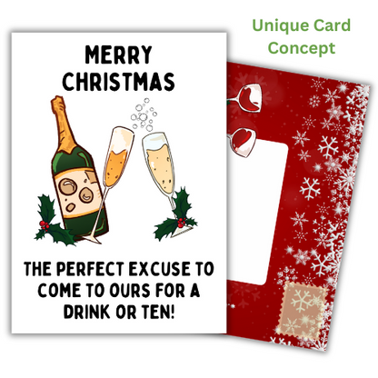 Christmas greeting card with a humorous message, alcohol-themed illustrations, and a red Christmas themed built-in envelope.