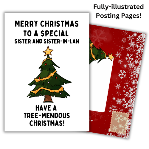 A self-seal Christmas card featuring a Christmas tree and text 'Merry Christmas to a special sister and sister-in-law. Have a tree-mendous Christmas!' with a red and white snowflake design on the built-in envelope panels.
