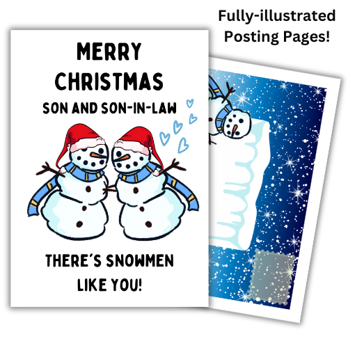 A Self-Seal Christmas card featuring illustrations of two snowmen with a festive background, including text 'Merry Christmas Son and Son-in-law. There's Snowmen like you!' and Christmas themed built-in envelope panels.