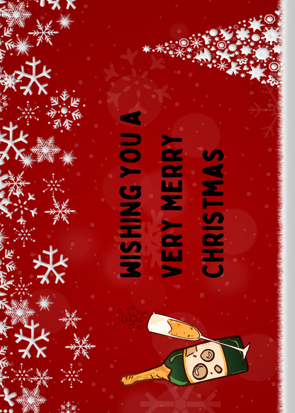 Images shows the back of the built-in envelope panel with red background, white snowflakes, a champagne bottle and glass and the text Wishing you a very merry Christmas