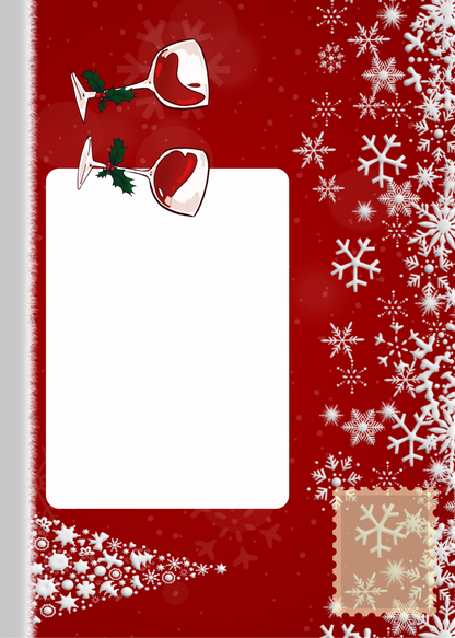 Red panel with white snowflakes and wine glasses 