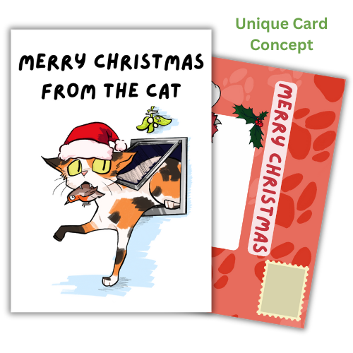 Self-sealing Greetings card featuring a cartoon illustration of a cat with a Santa hat and the text 'Merry Christmas from the Cat'. The image also features the built-in 'envelope' in red Christmas design with paw prints.