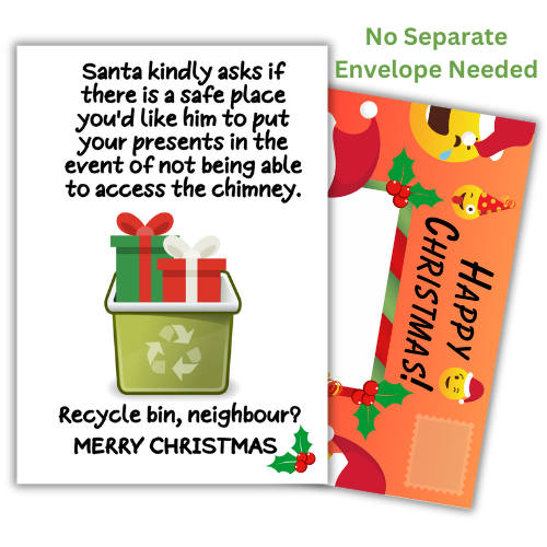 A Christmas card featuring a joke about Santa Claus, with an illustration of a recycle bin and gifts. The card is designed to be eco-friendly by reducing the need for a separate envelope, as it has built-in posting pages.
