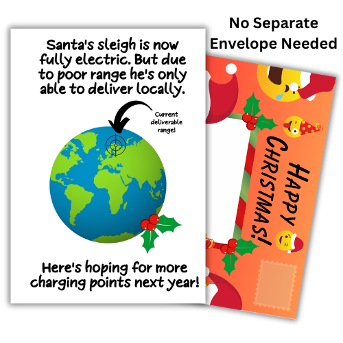 A humorous Christmas card featuring a cartoon-style Santa Claus with an electric sleigh, and text jokes about Santa's range being limited by the Earth's electrical grid, with a 'Happy Christmas' message. The built-in envelope is decorated with Christmas-themed emojis.