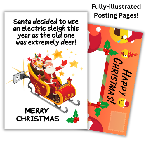 A Christmas card featuring an illustration of Santa Claus in a red electric sleigh with the text 'Santa decided to use a electric sleigh this year as the old one was extremely tired!' and 'Merry Christmas'.