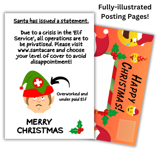 A Self -seal Christmas card featuring an illustration of an overworked and underpaid elf, with a Santa Claus hat, and text related to the 'Elf Service' crisis. It includes built-in Christmas greeting envelope panels and is decorated with Christmas emojis.