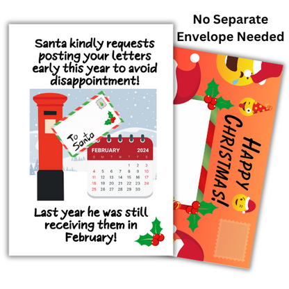A self-seal Christmas-themed greeting card with a joke about postal strikes and a request for Santa's help in avoiding disappointment, featuring a red mailbox and festive decorations.