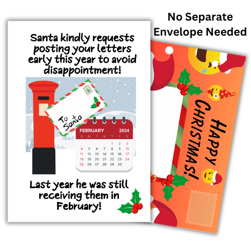 A self-seal Christmas-themed greeting card with a joke about postal strikes and a request for Santa's help in avoiding disappointment, featuring a red mailbox and festive decorations.