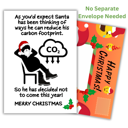 A Christmas card featuring a cartoon of Santa Claus with a CO2 cloud, indicating his efforts to reduce carbon footprint, alongside festive decorations. The image has a 'No Separate Envelope Needed' caption and a 'Merry Christmas' message.