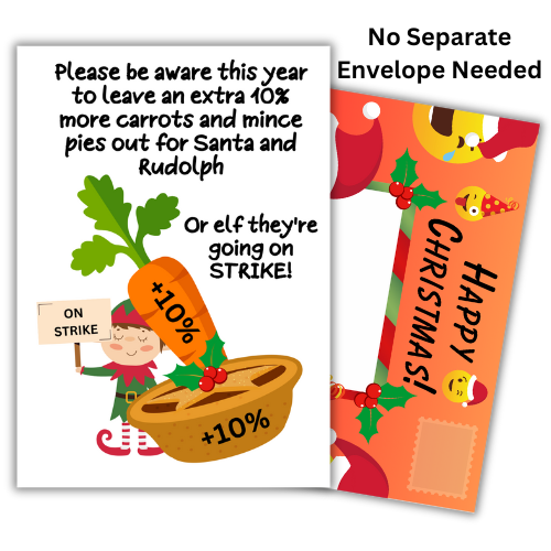 A Christmas card featuring an illustration of Santa Claus and a reindeer, with a strike sign, and text indicating a 10% pay rise demand.