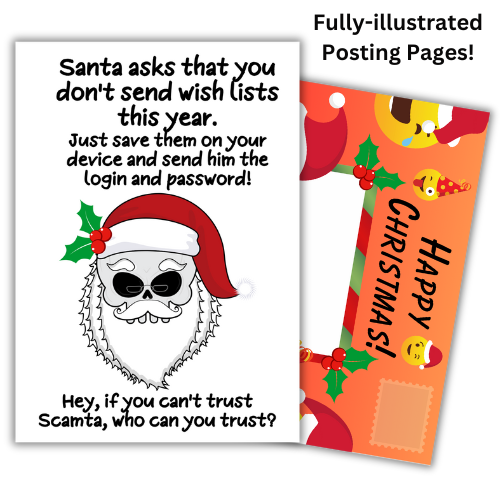 A card featuring a cartoon illustration of Santa Claus with a humorous message about scammers, including a Christmas tree and festive decorations in the background. The built-in envelope is marked with  'Happy Christmas!' text.