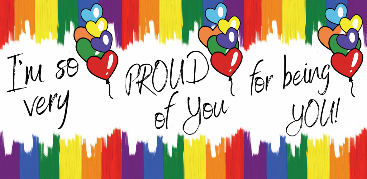 Colorful trifold coming out congratulations card with rainbow hearts and text 'I'm so very proud of you for being you!' on a white background.
