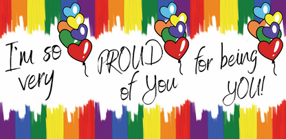 Colorful trifold coming out congratulations card with rainbow hearts and text 'I'm so very proud of you for being you!' on a white background.