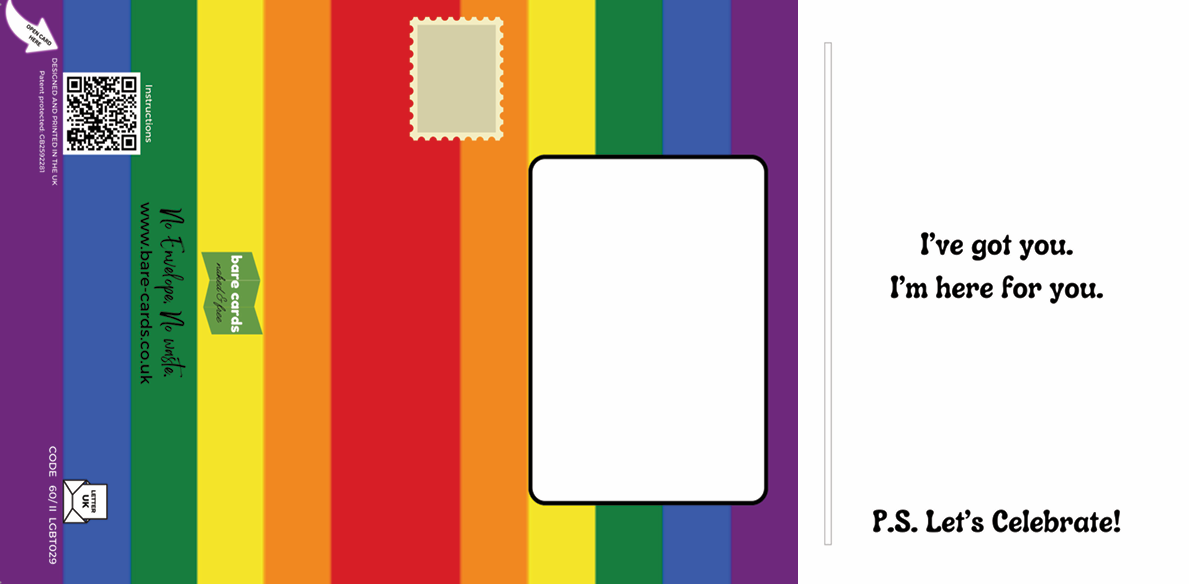 Bare Cards Coming Out Congratulations Card showing Rainbow pride Flag posting covers and the insert verse reading 'I've got you. I'm here for you. PS Let's Celebrate!' in trifold view