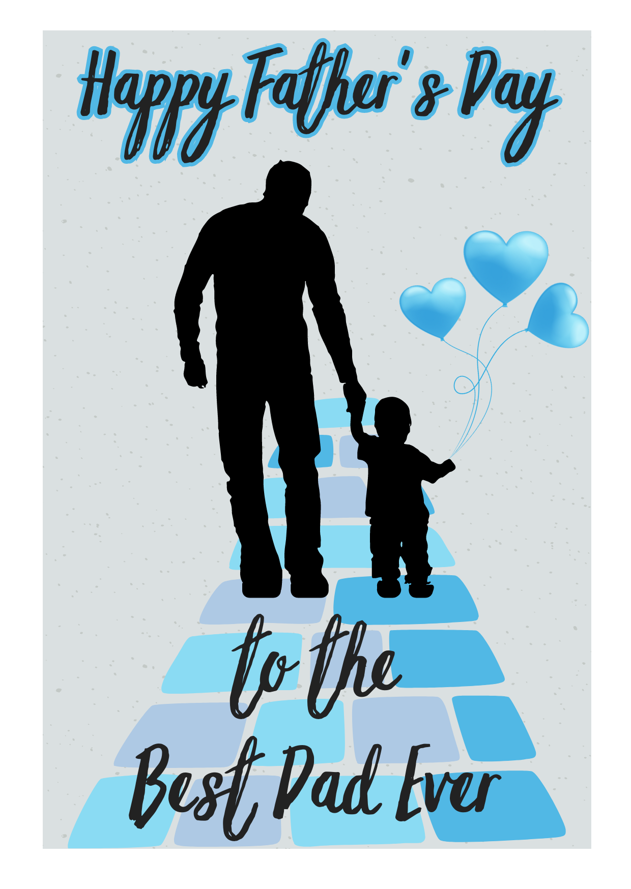 Front of self-sealing Father's Day card from Bare Cards featuring silhouette of small boy holding father's hand and three blue balloons walking up a blue paved walkway and the text 'Happy Father's Day to the Best Dad Ever'