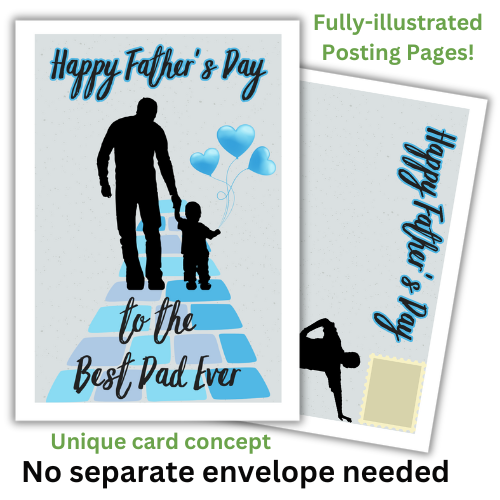 A Father's Day card featuring an illustration of a father and son with the text 'Happy Father's Day to the Best Dad Ever' on the front. 