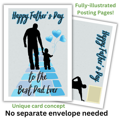 A Father's Day card featuring an illustration of a father and son with the text 'Happy Father's Day to the Best Dad Ever' on the front. 