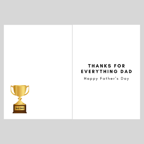 Image shows the inside of the Bare Cards Father's Day card with trophy on left page and the text 'Thanks for Everything Dad. Happy Father's Day' on the right page.