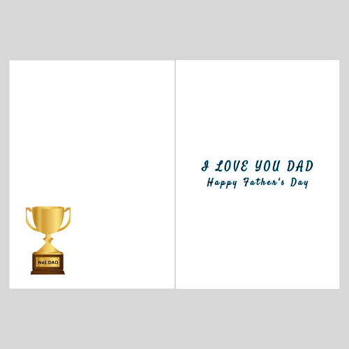 Inside of the Bare Cards Cute Father's Day range showing left hand side with gold trophy and the right hand side with text 'I love you Dad Happy Father's Day'