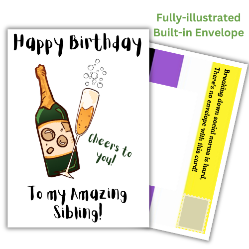 Adult non-binary birthday card for a sibling featuring champagne artwork, Non-Binary Pride Flag posting covers and Bare Cards' patented self-sealing envelope-free design.
