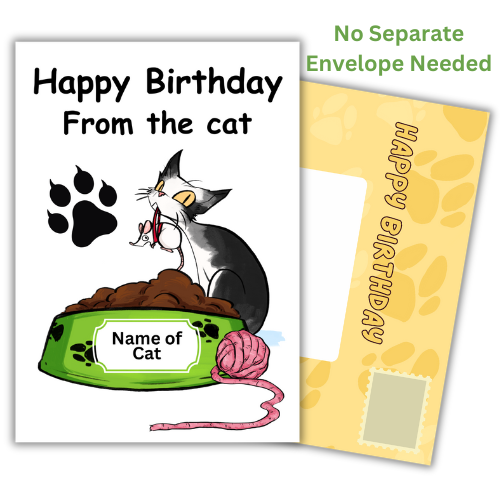 A self-sealing personalized birthday card with an illustration of a cat holding a gift, with a space for the name of the cat, and a yellow built-in envelope with cat paw prints.