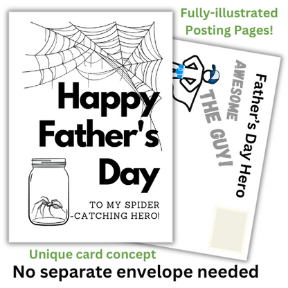 A Father's Day card with a spider web design and text that reads 'Happy Father's Day TO MY SPIDER-CATCHING HERO! Thanks for Everything Dad. Happy Father's Day!' There is also an illustration of a superhero version of a man on the envelope with the text 'AWESOME FATHER'S DAY HERO'.